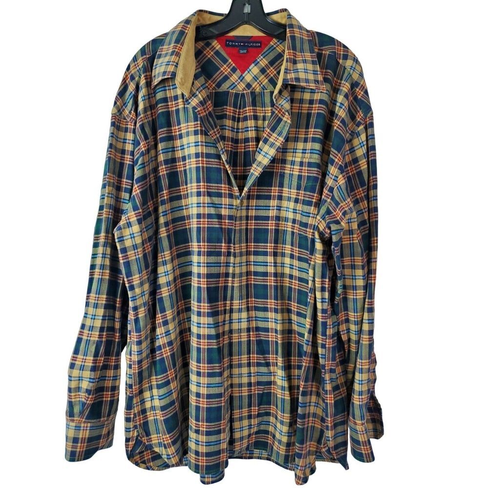Tommy Hilfiger Mens XXL Plaid Check Shirt‎ Blue Tan Long Sleeve Preppy
